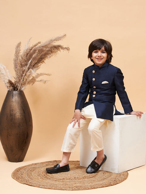 Boy's Navy Blue Indo Western Jacket With Cream Kurta And Pyjama Set